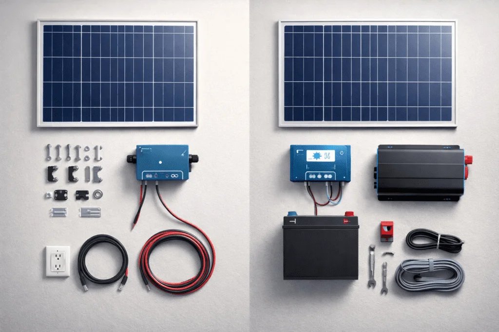 Comparación de componentes para kits solares residenciales: microinversor vs sistema con MPPT, batería e inversor de onda pura.
