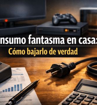Regleta con interruptor, enchufe, calculadora y aparatos del hogar en espera, ilustrando el consumo fantasma en casa.