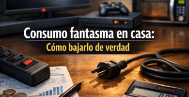 Regleta con interruptor, enchufe, calculadora y aparatos del hogar en espera, ilustrando el consumo fantasma en casa.