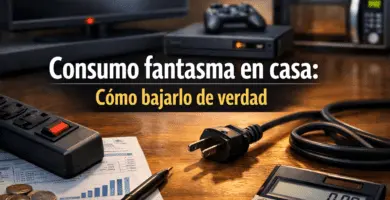 Regleta con interruptor, enchufe, calculadora y aparatos del hogar en espera, ilustrando el consumo fantasma en casa.