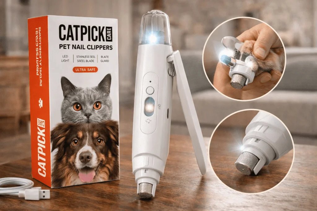 Cortaúñas 2 en 1 para perros y gatos con luz LED, cable USB y cabezal de limado