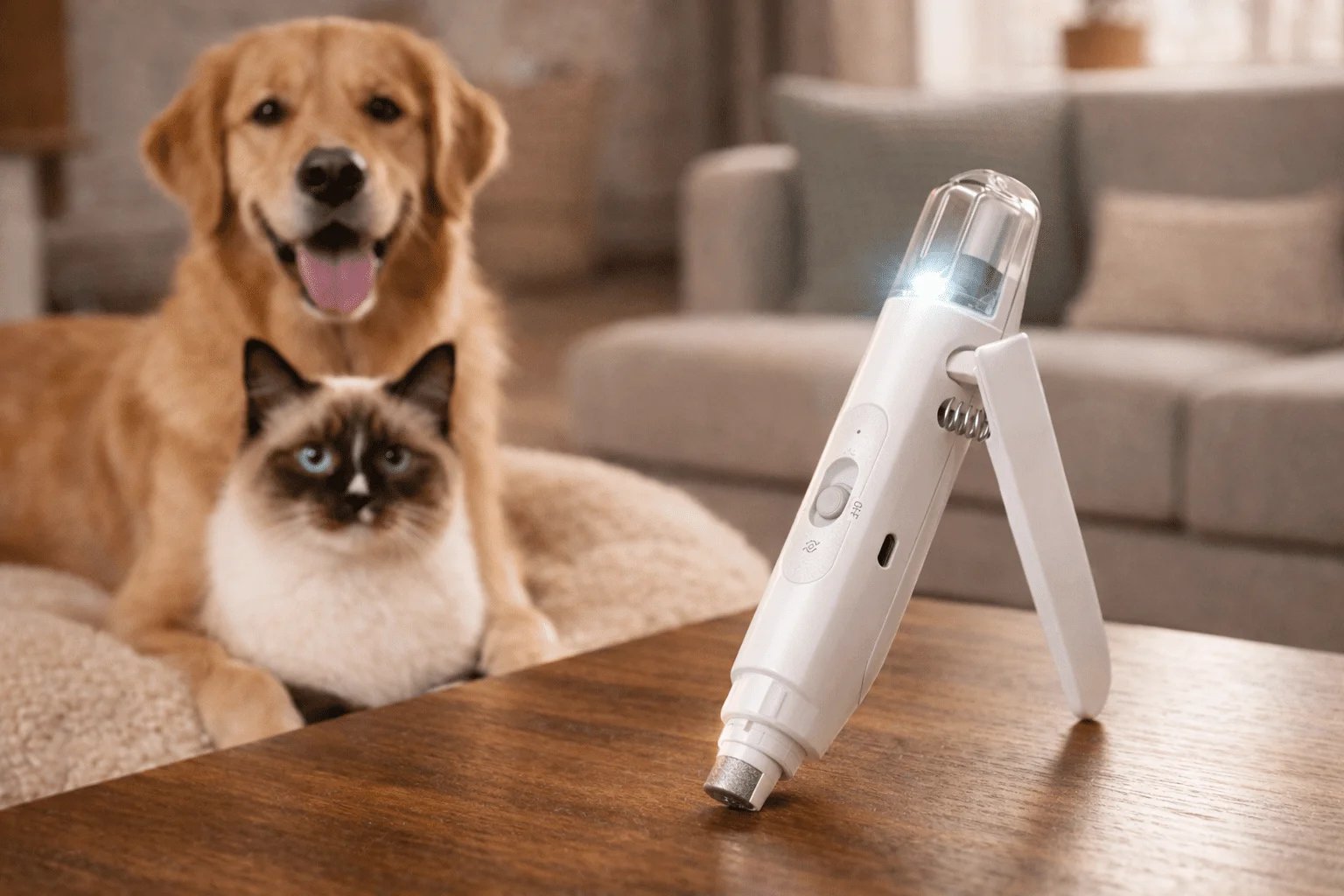 Cortaúñas eléctrico 2 en 1 para perros y gatos con luz LED sobre mesa en sala de estar