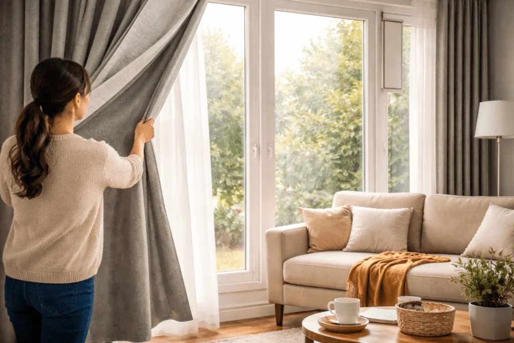 Persona ajustando cortinas térmicas en un living con ventanales para mejorar el aislamiento y reducir la pérdida de calor en invierno.