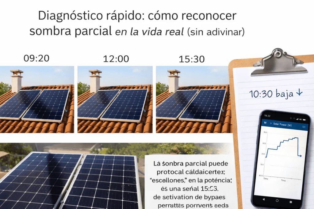 Collage de diagnóstico de sombra parcial en paneles solares: fotos a distintas horas y gráfico de potencia con bajón por horario.