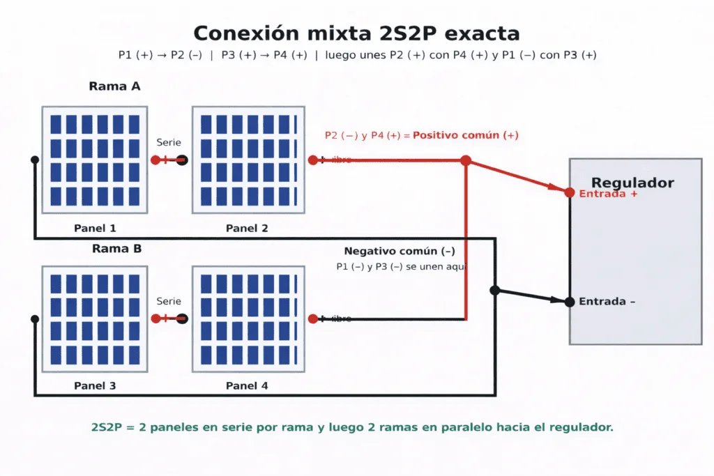 Diagrama de conexión mixta 2S2P con 4 paneles solares: dos ramas en serie unidas en paralelo hacia el regulador