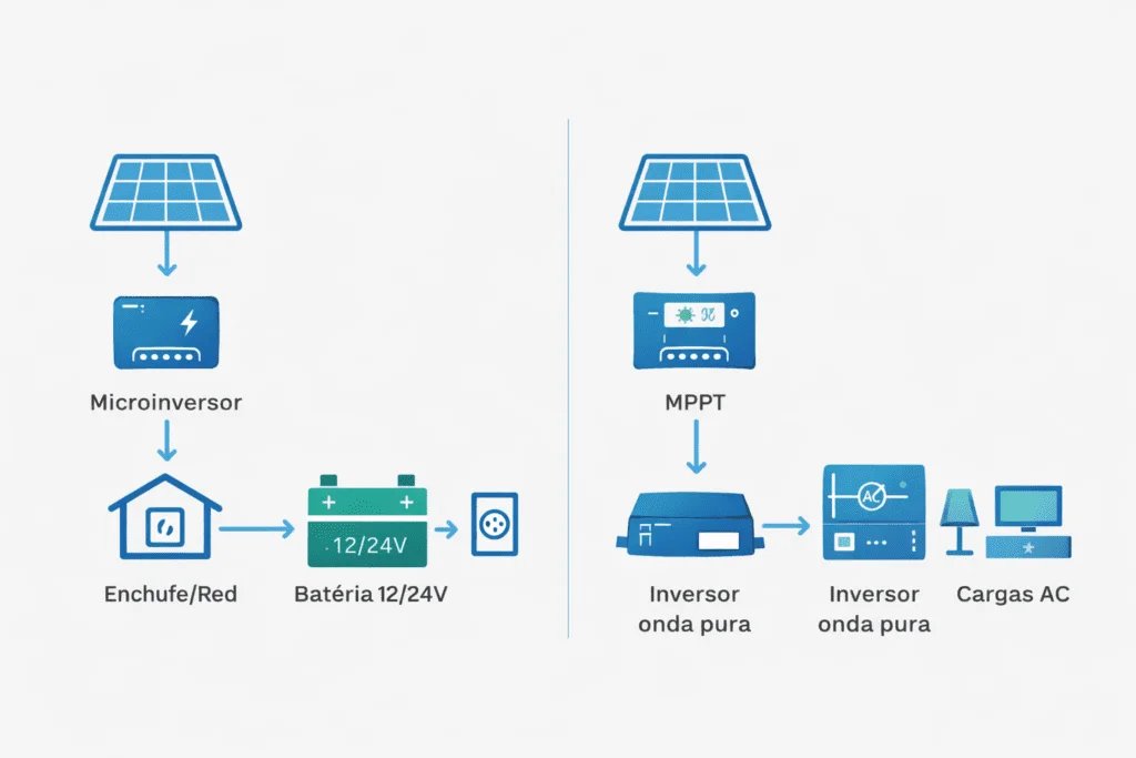 Diagrama comparativo: microinversor vs sistema con MPPT, batería e inversor de onda pura en kits solares residenciales.