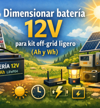 Ilustración de batería 12V para kit off-grid ligero con panel solar, calculadora de Ah y Wh y consumos básicos.