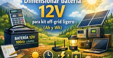 Ilustración de batería 12V para kit off-grid ligero con panel solar, calculadora de Ah y Wh y consumos básicos.