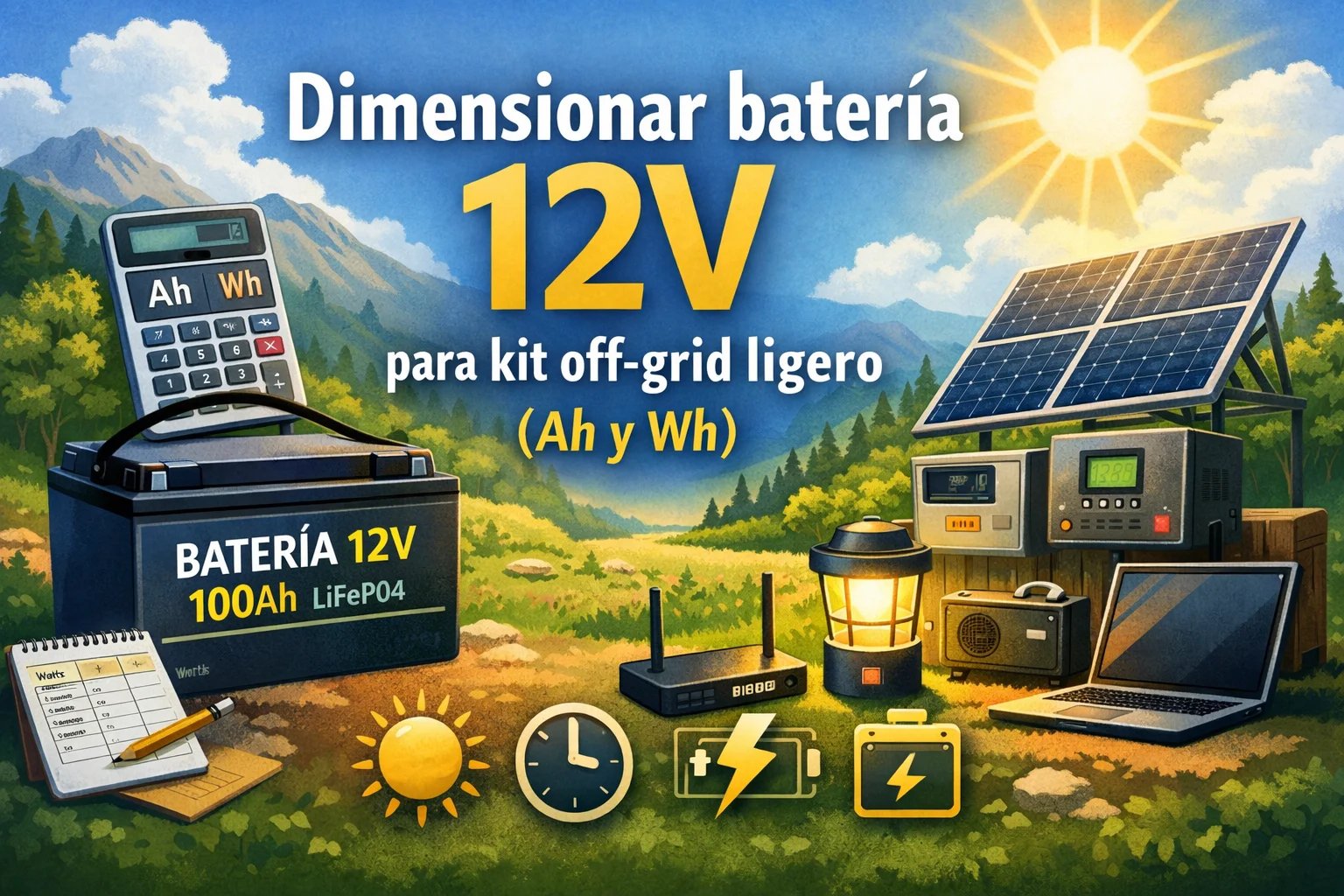 Ilustración de batería 12V para kit off-grid ligero con panel solar, calculadora de Ah y Wh y consumos básicos.