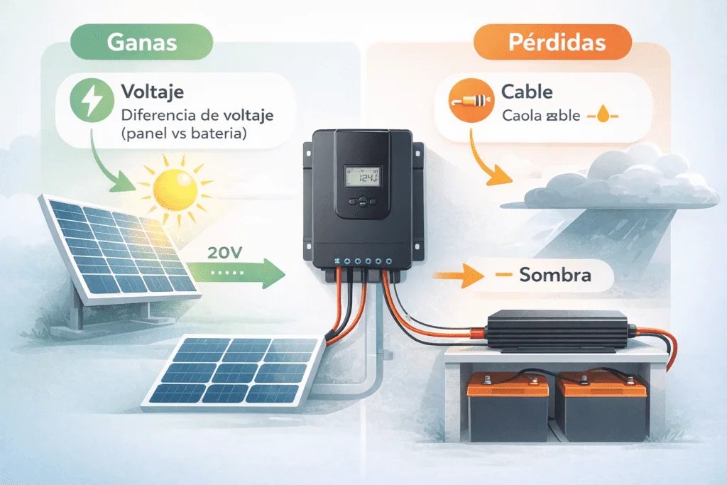 Infografía de eficiencia en kit solar pequeño: ganancias por voltaje y pérdidas por cable largo y sombra