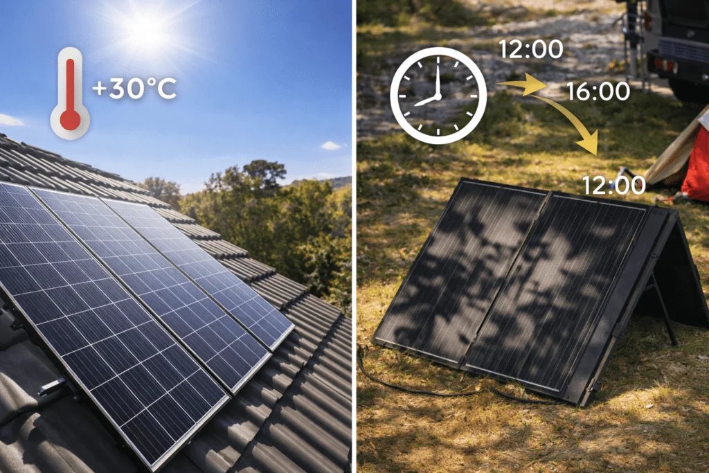 Comparación entre panel solar rígido en techo y panel solar plegable en suelo con sombra parcial.