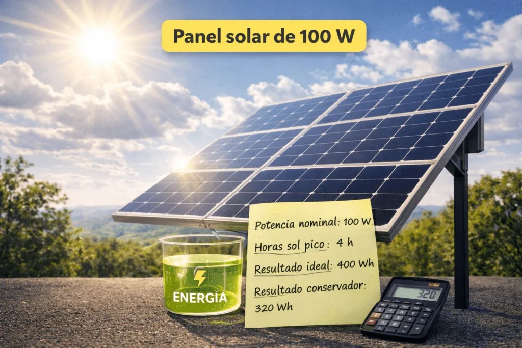 Panel solar de 100 W con ejemplo visual de cálculo de producción diaria usando horas sol pico