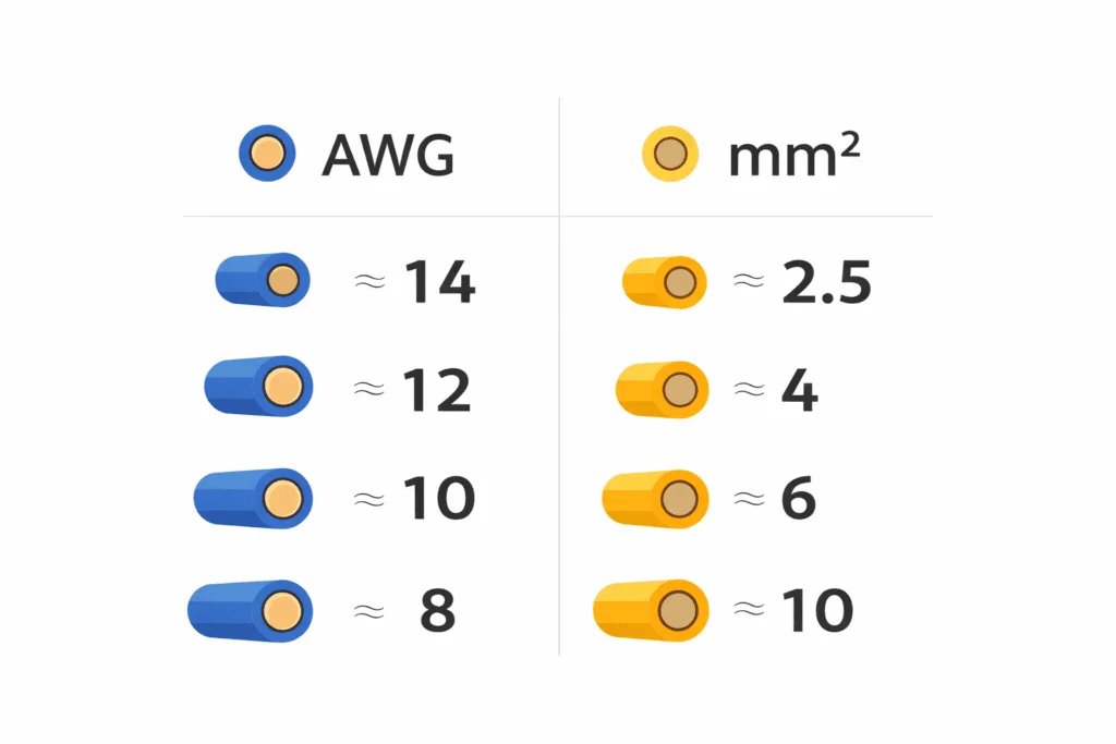 Infografía de equivalencias de calibre de cable: AWG vs mm² para cables solares (14, 12, 10 y 8 AWG).