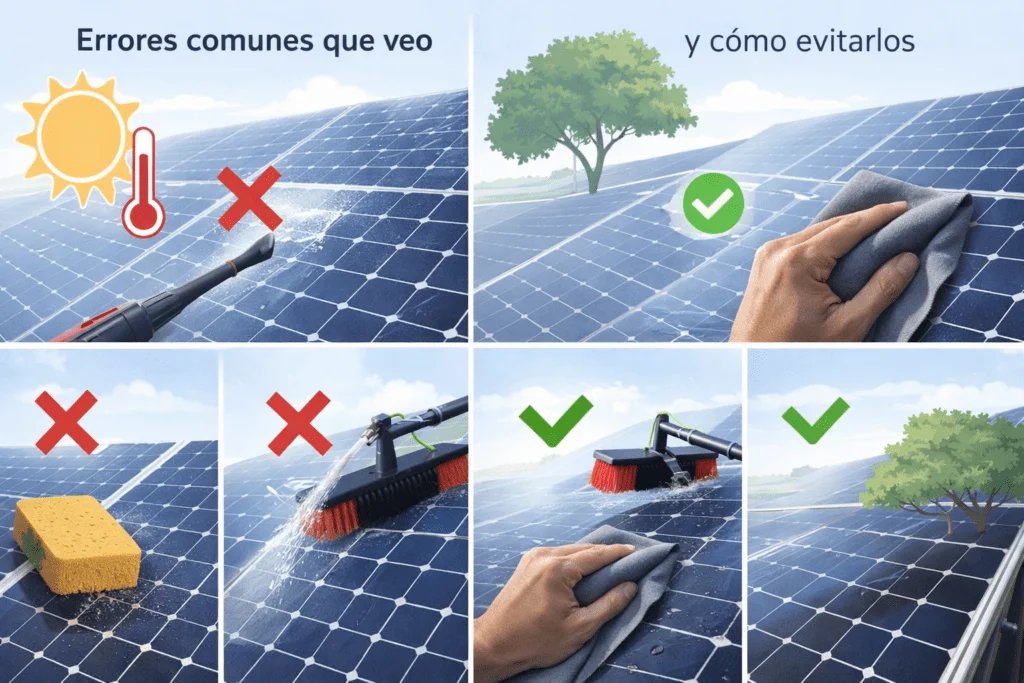 Errores comunes al limpiar paneles solares y cómo evitarlos Infografía con errores comunes al limpiar paneles solares y cómo evitarlos: no limpiar con panel caliente, no usar hidrolavadora ni abrasivos y evitar sombras.