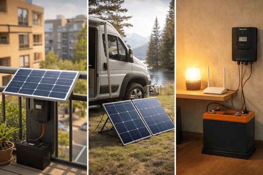 Tres escenarios de kit solar pequeño: balcón en departamento, camping con paneles portátiles y respaldo en casa con batería e inversor