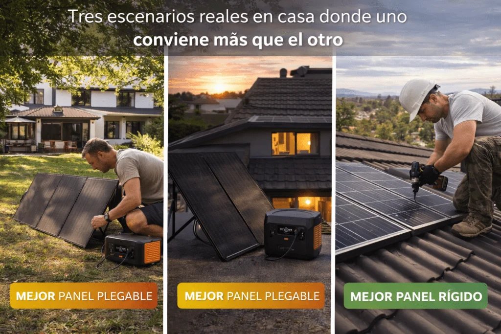 Comparación de tres escenarios domésticos donde conviene usar panel solar plegable o panel solar rígido.