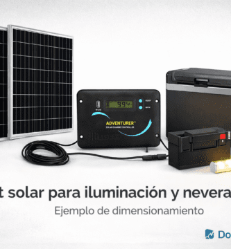 Kit solar con paneles, controlador de carga, batería, nevera portátil 12V y luz LED (ejemplo de dimensionamiento)