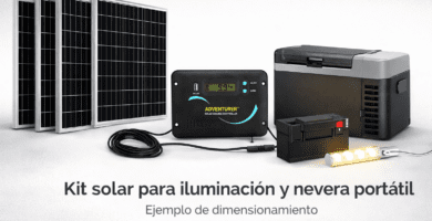 Kit solar con paneles, controlador de carga, batería, nevera portátil 12V y luz LED (ejemplo de dimensionamiento)