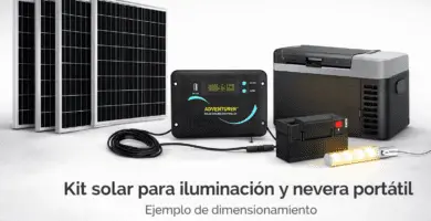 Kit solar con paneles, controlador de carga, batería, nevera portátil 12V y luz LED (ejemplo de dimensionamiento)