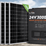 Comparativa visual entre kit solar de 12 V con paneles de 400 W y equipo solar de 24 V 3000 W para elegir según distancia de cable y potencia