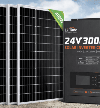 Comparativa visual entre kit solar de 12 V con paneles de 400 W y equipo solar de 24 V 3000 W para elegir según distancia de cable y potencia