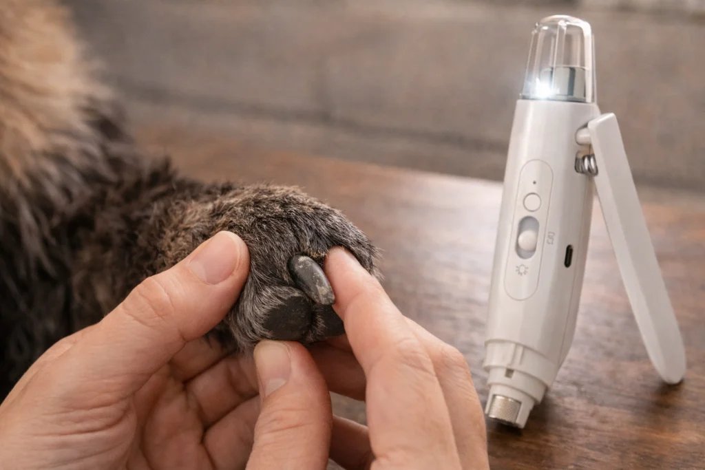 Uña oscura de perro junto a cortaúñas eléctrico para mascotas con luz LED