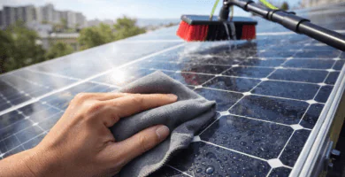 Mano limpiando un panel solar con paño de microfibra mientras un cepillo telescópico con agua enjuaga el panel en una azotea.