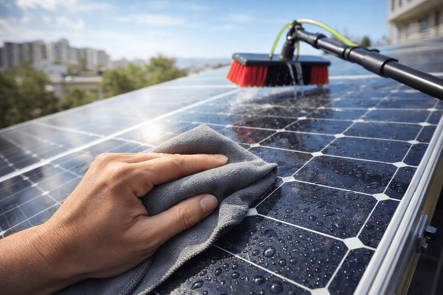 Mano limpiando un panel solar con paño de microfibra mientras un cepillo telescópico con agua enjuaga el panel en una azotea.