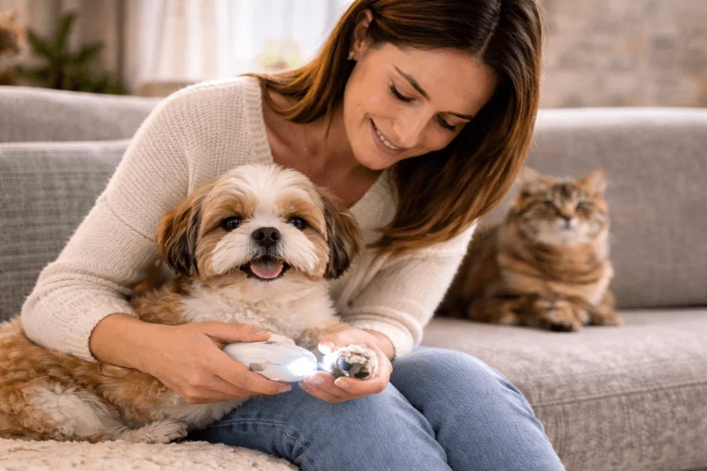 Mujer usando cortaúñas eléctrico para perro pequeño en casa mientras un gato observa