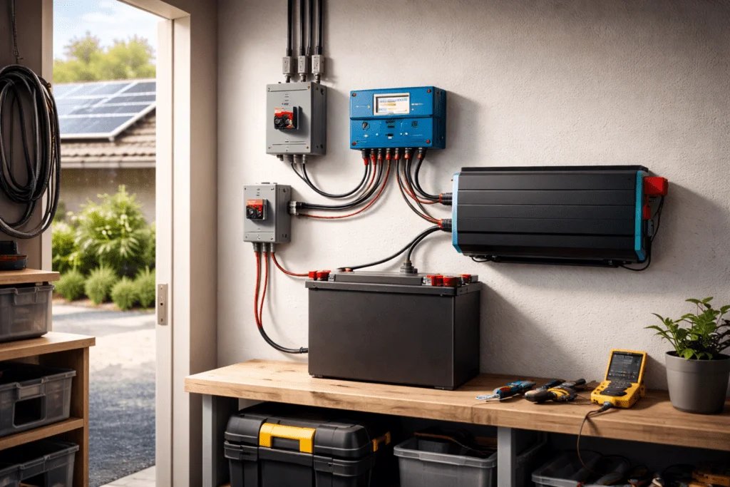 Sistema solar con batería instalado en pared: controlador MPPT, inversor de onda pura y banco de baterías para respaldo residencial.