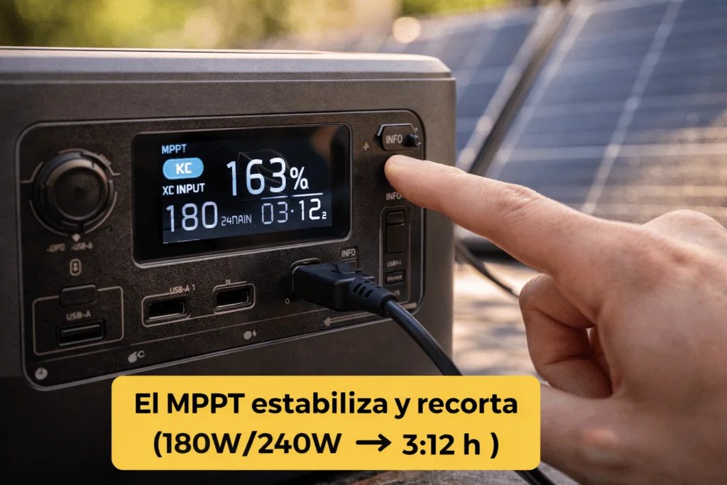 Pantalla de power station mostrando entrada solar y MPPT mientras carga desde paneles