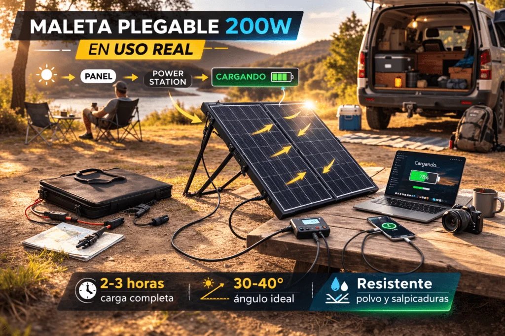 Maleta solar plegable de 200W instalada en un camping y conectada a una estación de energía portátil.
