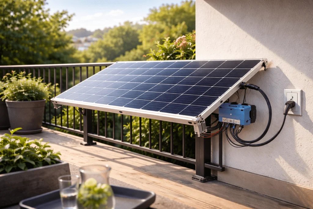 Panel solar en balcón con microinversor instalado y conexión a enchufe para consumo inmediato en un kit residencial.