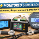 Pantalla de monitoreo solar con voltaje, corriente y contador Wh junto a medidores de panel y monitor de batería