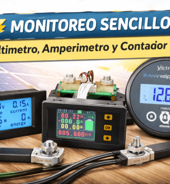 Pantalla de monitoreo solar con voltaje, corriente y contador Wh junto a medidores de panel y monitor de batería