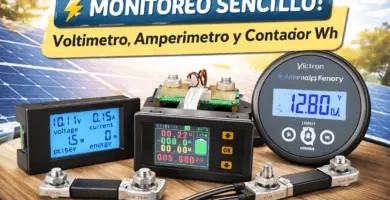 Pantalla de monitoreo solar con voltaje, corriente y contador Wh junto a medidores de panel y monitor de batería