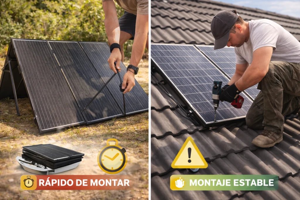 Comparación entre montaje rápido de panel solar plegable y montaje estable de panel solar rígido.