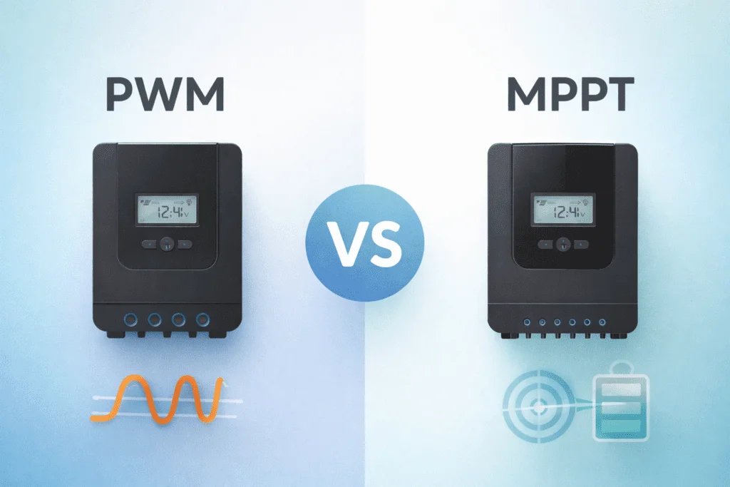 Comparación visual PWM vs MPPT: dos controladores solares frente a frente con íconos de onda y seguimiento