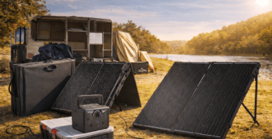 Comparativa visual de panel solar rígido y panel solar plegable junto a una power station en un entorno de camping.