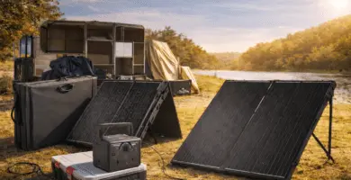 Comparativa visual de panel solar rígido y panel solar plegable junto a una power station en un entorno de camping.