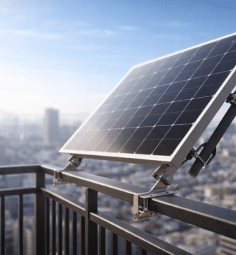 Panel solar instalado en baranda de balcón con soporte inclinable, montaje sin perforar para terraza o departamento.