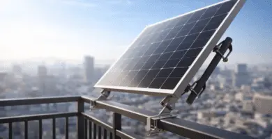 Panel solar instalado en baranda de balcón con soporte inclinable, montaje sin perforar para terraza o departamento.
