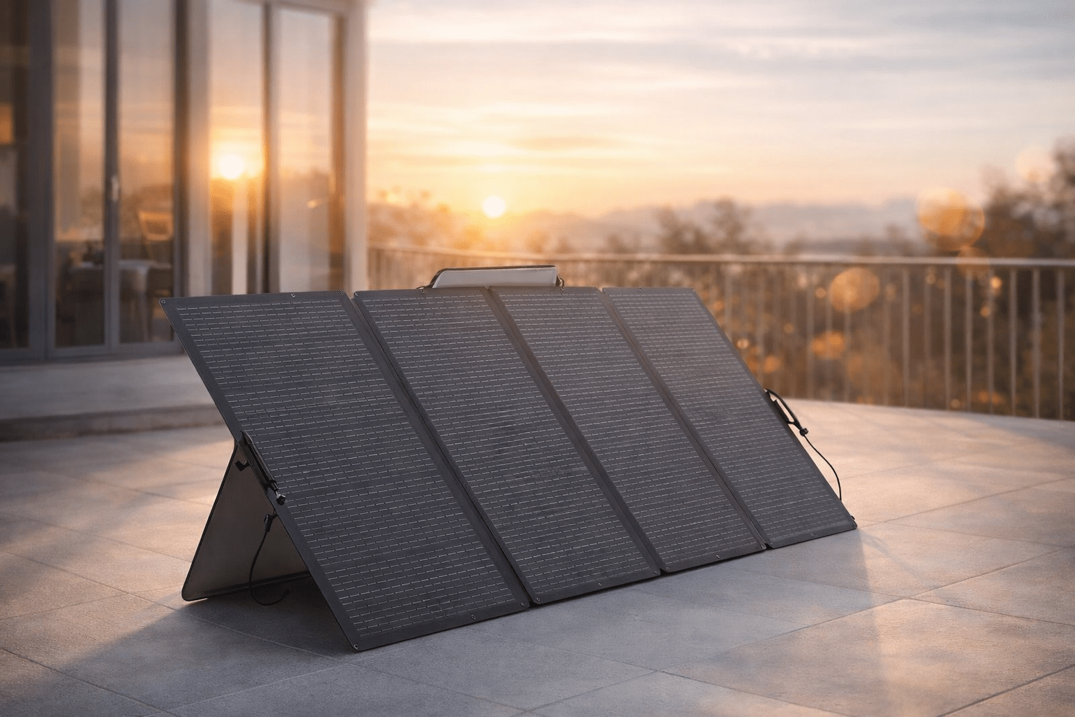 Panel solar portátil plegable de 400W instalado en terraza, orientado al sol.