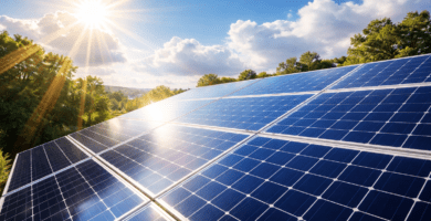 Paneles solares recibiendo luz solar intensa en una instalación residencial exterior