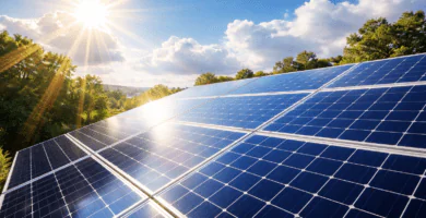 Paneles solares recibiendo luz solar intensa en una instalación residencial exterior