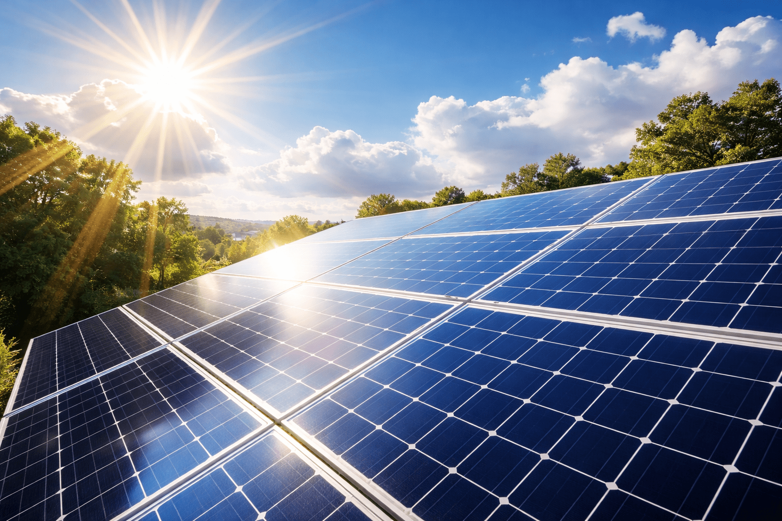 Paneles solares recibiendo luz solar intensa en una instalación residencial exterior