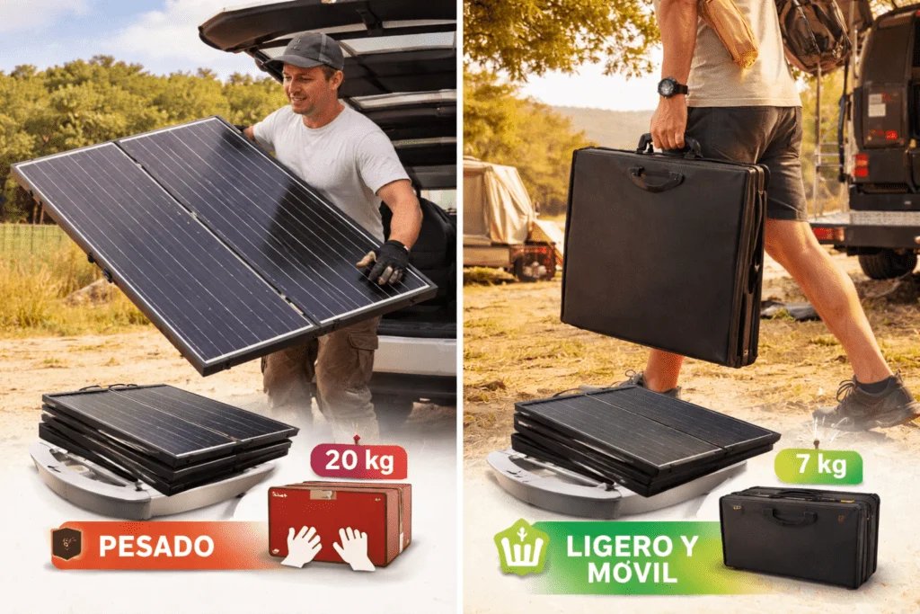 Comparación visual entre panel solar rígido y panel solar plegable en transporte y portabilidad.