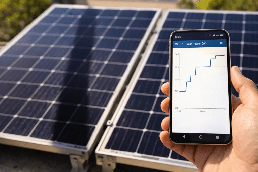 Panel solar con sombra parcial y teléfono mostrando una curva de potencia con “escalones”, típico cuando actúan los diodos bypass.