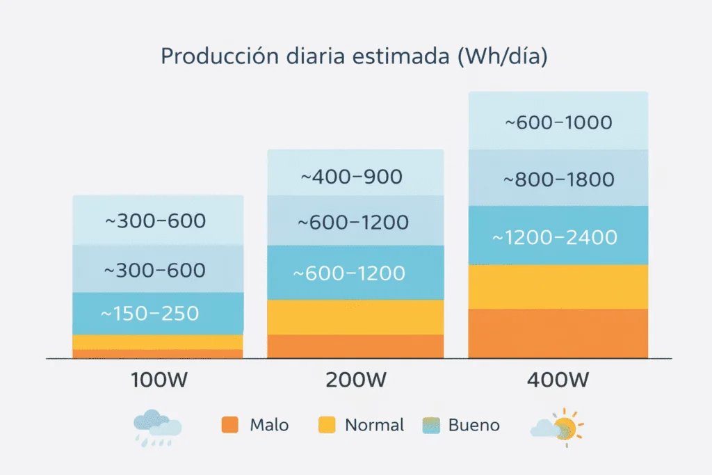 Gráfico de rangos de producción diaria estimada (Wh/día) para paneles solares de 100W, 200W y 400W en días malo, normal y bueno.