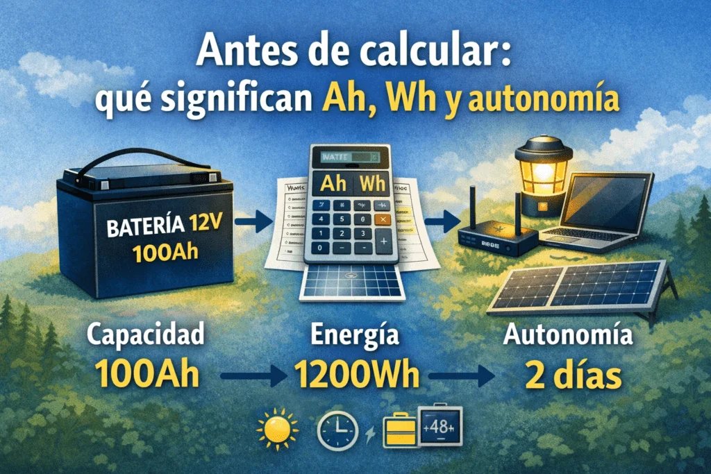 Ilustración explicativa de batería 12V, Ah, Wh y autonomía en un kit off-grid ligero.